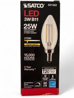Satco S21262 LED Filament Bulb 3W B11 25W Replacement 2700K E12 Dimmable Clear